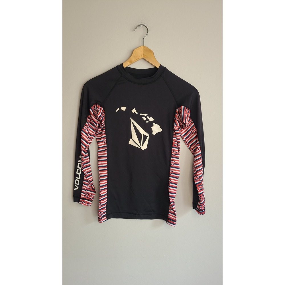 Volcom Mens Hawaii‎ Flag Rash Guard Long Sleeve Swim Shirt Black Small